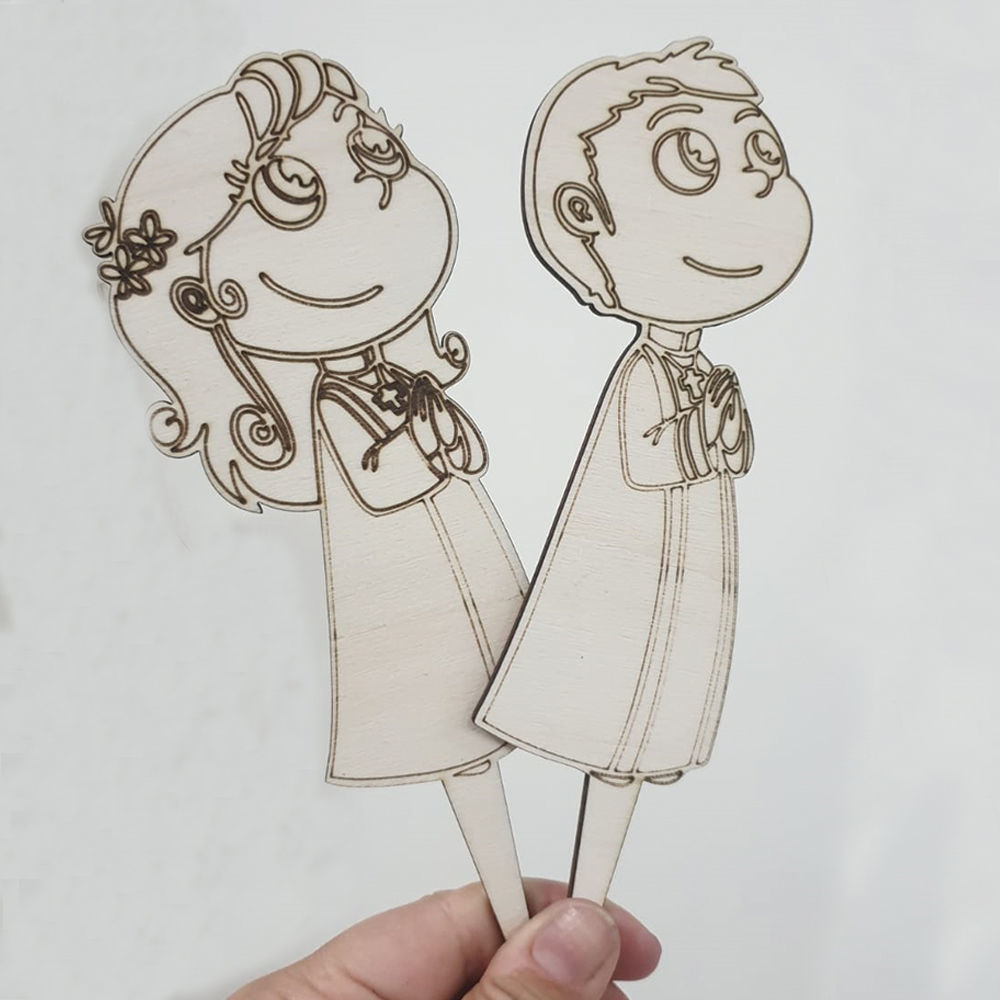 Cake Topper in Legno Prima Comunione Bimbo e Bimba