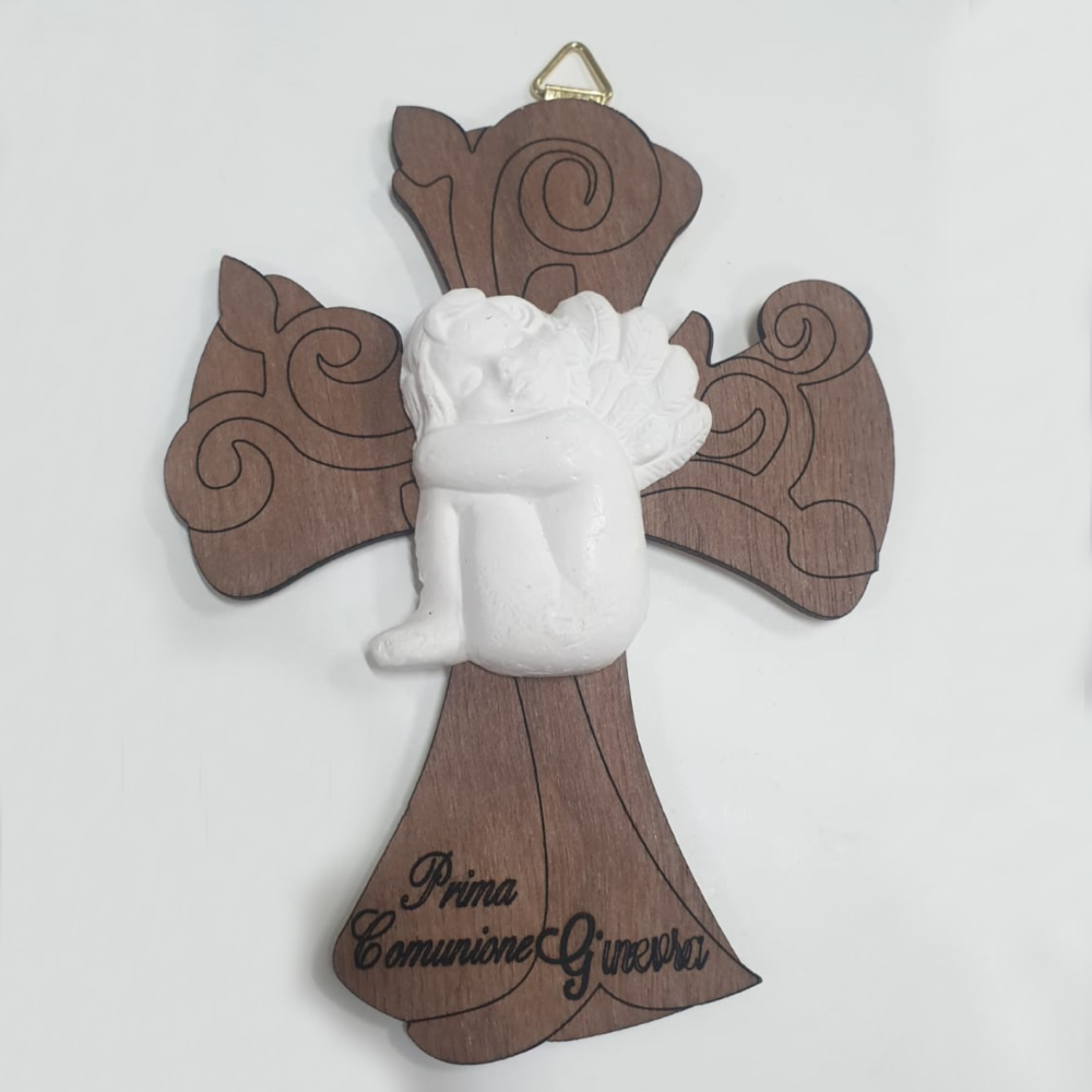 Crocifisso in Ciliegio con Angioletto in Gesso Prima Comunione