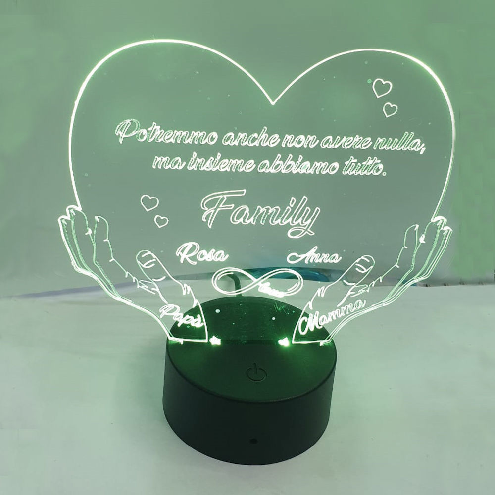 Lampada a forma di cuore con luce led e frase incisa
