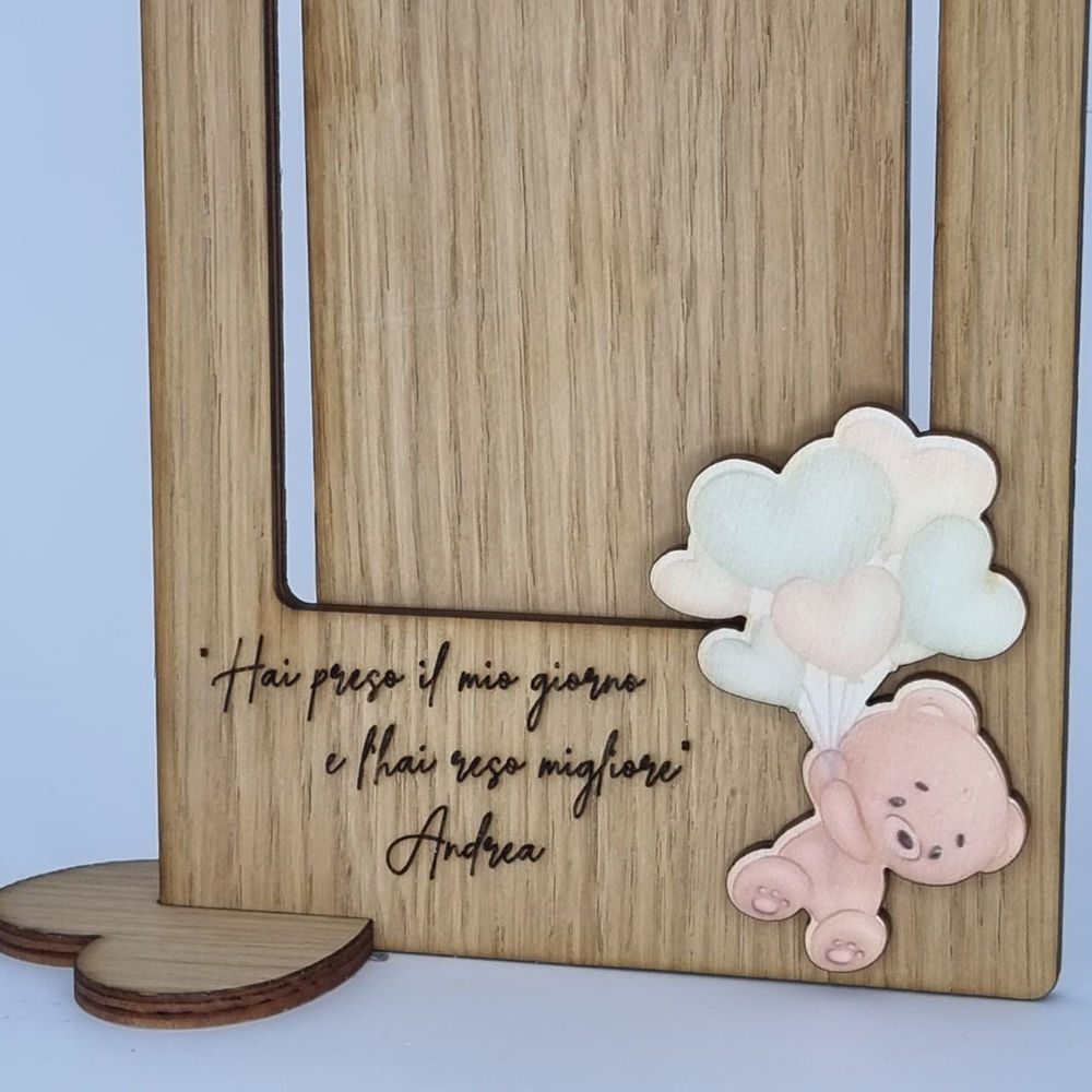 Cornice in legno con frase personalizzata e orsetto in stampa UV